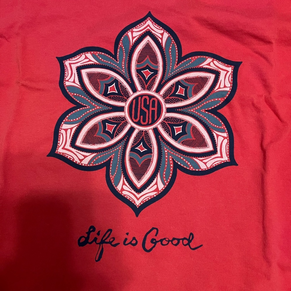 Life Is Good Red Short Sleeve Tee with Navy & White Floral USA Graphic